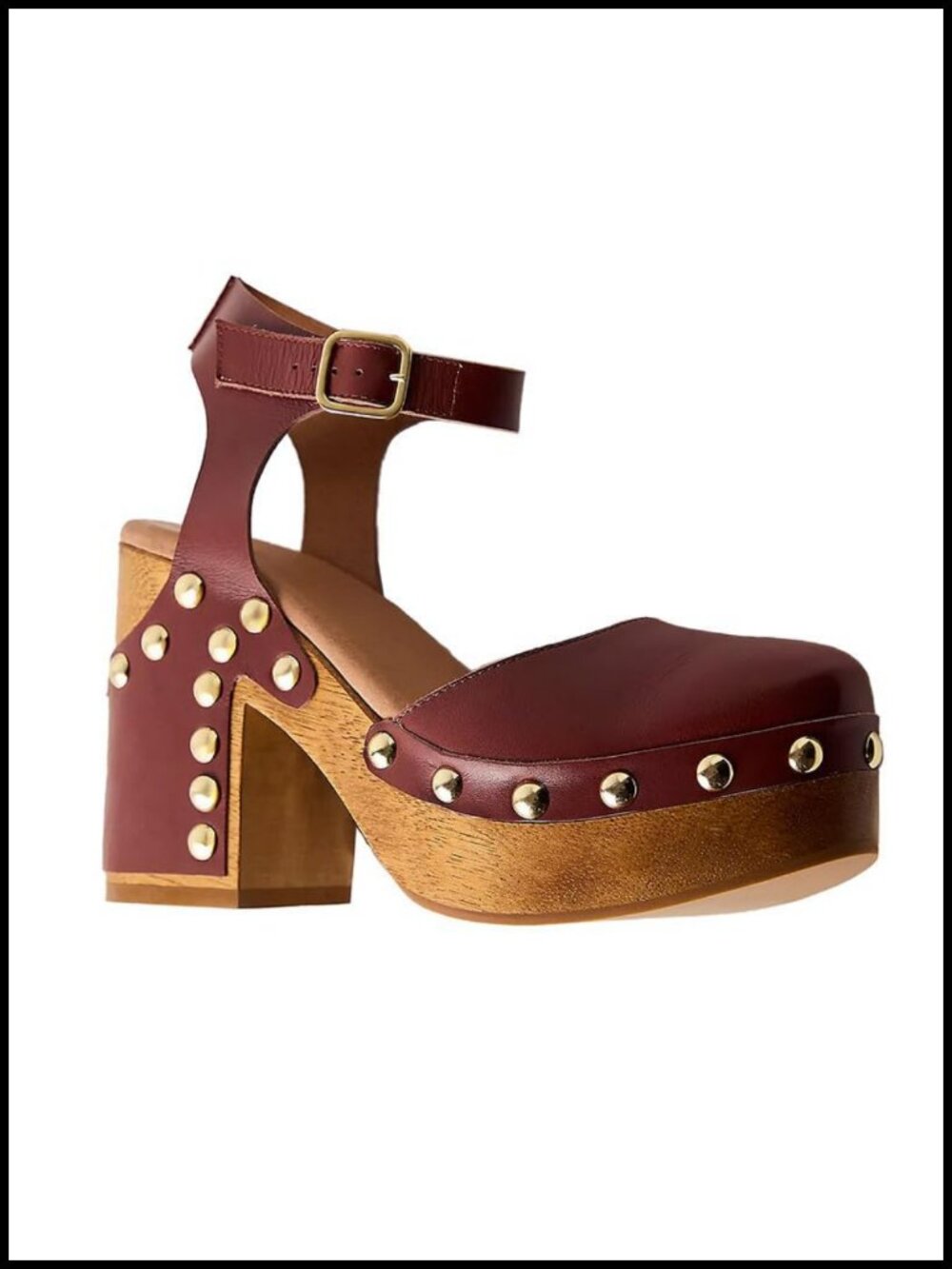 Studded Platform Clogs for Women - Chunky Heel Ankle Strap Closed Toe Leather - Picture 3 of 6